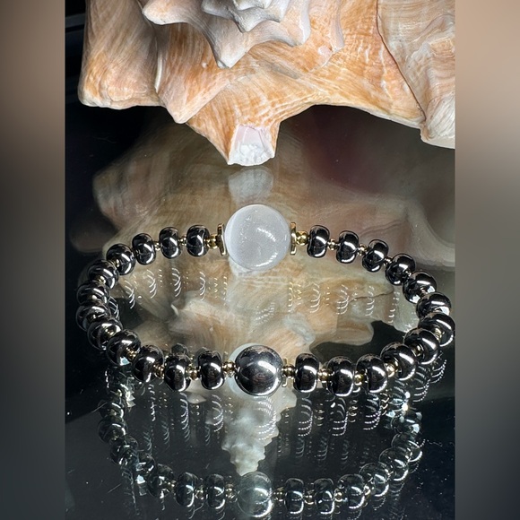 HEMATITE + SELENITE STONES NATURAL BRACELET size 7” - Picture 6 of 12